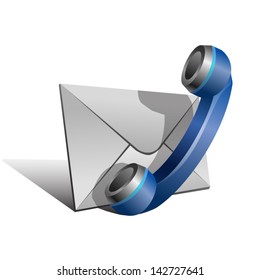 Blue Handset and envelope isolated on white background. Stylized vector icon of "Contact us" page