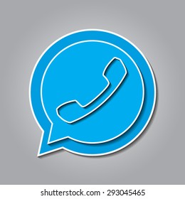 Blue handset in speech bubble icon.