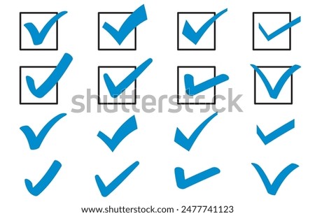 Blue handwritten checkmarks in various shapes