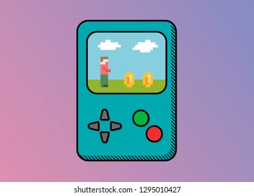 Blue handy game console with buttons and colored screen on a gradient background