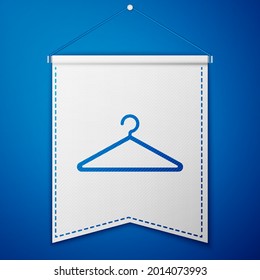 Blue Hanger wardrobe icon isolated on blue background. Cloakroom icon. Clothes service symbol. Laundry hanger sign. White pennant template. Vector Illustration