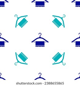 Blue Hanger wardrobe icon isolated seamless pattern on white background. Clean towel sign. Cloakroom icon. Clothes service symbol. Laundry hanger.  Vector Illustration