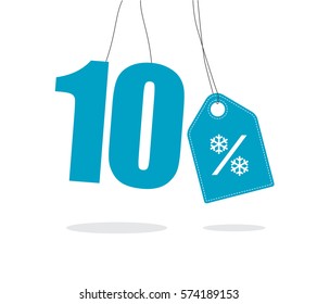 Blue hanging 10% text with a snowflake percent design tag and with shadow isolated on white background. For winter sale campaigns. 