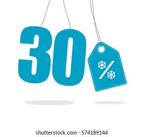 Blue hanging 30% text with a snowflake percent design tag and with shadow isolated on white background. For winter sale campaigns. 