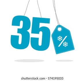 Blue hanging 35% text with a snowflake percent design tag and with shadow isolated on white background. For winter sale campaigns.
