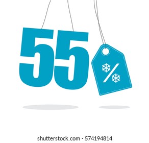 Blue hanging 55% text with a snowflake percent design tag and with shadow isolated on white background. For winter sale campaigns.