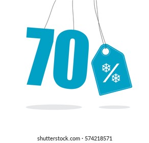 Blue hanging 70% text with a snowflake percent design tag and with shadow isolated on white background. For winter sale campaigns.