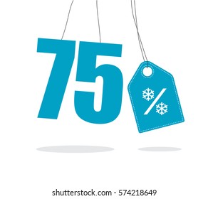 Blue hanging 75% text with a snowflake percent design tag and with shadow isolated on white background. For winter sale campaigns.