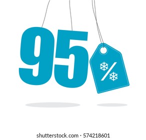 Blue hanging 95% text with a snowflake percent design tag and with shadow isolated on white background. For winter sale campaigns.