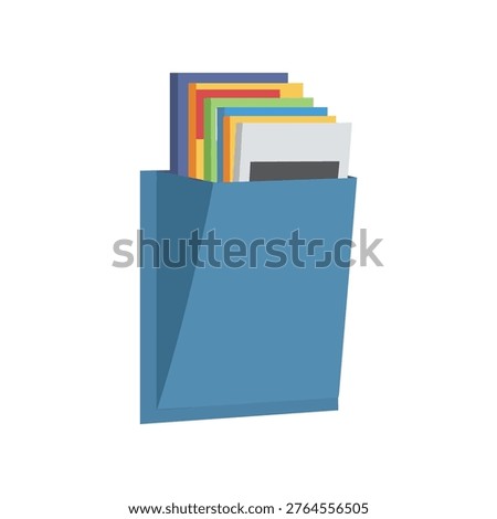 Blue hanging folder pocket organizer contains colorful document folders and paper sheets for office administration and corporate workspace organization showing efficient storage solutions clip art.