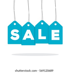 Blue hanging price tag labels with sale word on it and with shadow isolated on white background. For winter sale campaigns.
