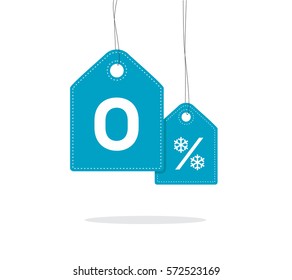 Blue hanging price tag labels with 0% text and snowflake percent design on them and with shadow isolated on white background. For winter sale campaigns. 