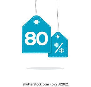 Blue hanging price tag labels with 80% text and snowflake percent design on them and with shadow isolated on white background. For winter sale campaigns. 