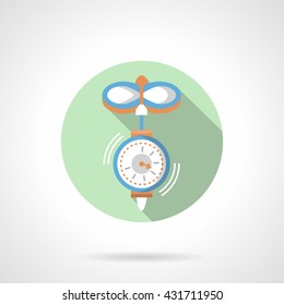 Blue hanging scales with long shadow. Instruments for measurement weight. Measuring mechanisms, household and industry equipment. Round flat color style vector icon. 