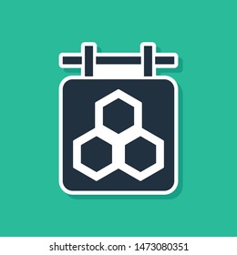 Blue Hanging sign with honeycomb isolated on green background. Signboard icon. Honey cells symbol. Sweet natural food.  Vector Illustration