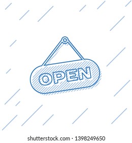 Blue Hanging sign with text Open door line icon isolated on white background. Vector Illustration