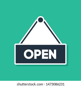 Blue Hanging sign with text Open door icon isolated on green background.  Vector Illustration