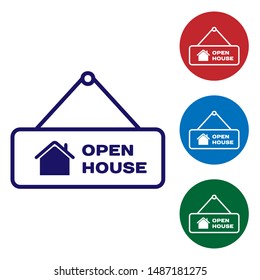 Blue Hanging sign with text Open house icon isolated on white background. Signboard with text Open house. Set color icons in circle buttons. Vector Illustration