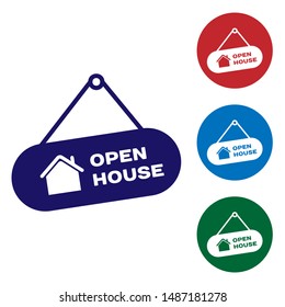 Blue Hanging sign with text Open house icon isolated on white background. Signboard with text Open house. Set color icons in circle buttons. Vector Illustration