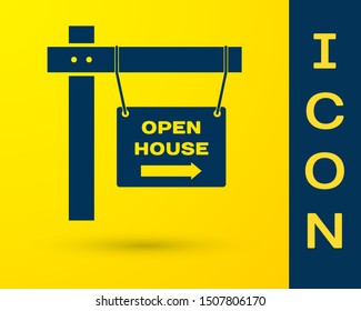 Blue Hanging sign with text Open house icon isolated on yellow background. Signboard with text Open house.  Vector Illustration
