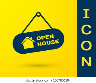 Blue Hanging sign with text Open house icon isolated on yellow background. Signboard with text Open house.  Vector Illustration
