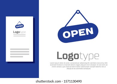 Blue Hanging sign with text Open door icon isolated on white background. Logo design template element. Vector Illustration