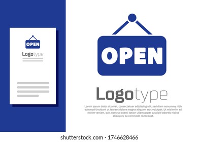 Blue Hanging sign with text Open door icon isolated on white background. Logo design template element. Vector Illustration
