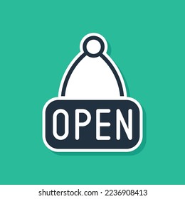 Blue Hanging sign with text Open door icon isolated on green background.  Vector
