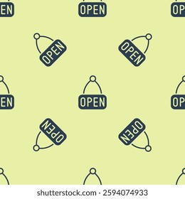 Blue Hanging sign with text Open door icon isolated seamless pattern on yellow background.  Vector