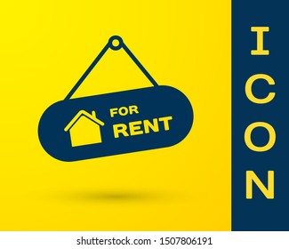 Blue Hanging sign with text For Rent icon isolated on yellow background. Signboard with text For Rent.  Vector Illustration