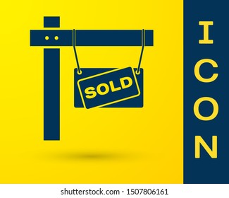 Blue Hanging sign with text Sold icon isolated on yellow background. Sold sticker. Sold signboard.  Vector Illustration