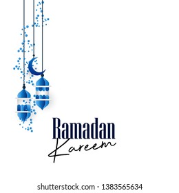 Blue Hangning Lantern with Creative Ramadan Kareem Typography Background