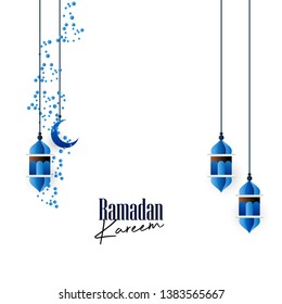 Blue Hangning Lantern with Creative Ramadan Kareem Typography Background
