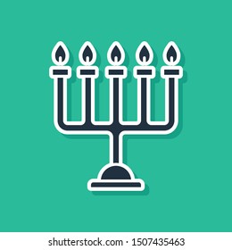 Blue Hanukkah menorah icon isolated on green background. Hanukkah traditional symbol. Holiday religion, jewish festival of Lights.  Vector Illustration