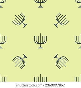 Blue Hanukkah menorah icon isolated seamless pattern on yellow background. Hanukkah traditional symbol. Holiday religion, jewish festival of Lights.  Vector