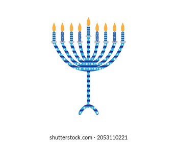 Blue Hanukkah menorah with stripes and snowflakes on White background