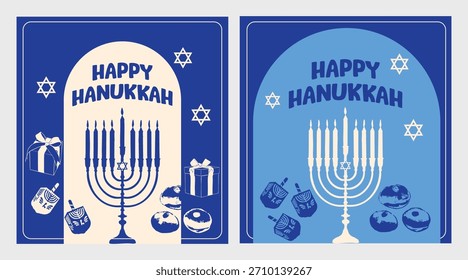 Blue Hanukkah poster set featuring menorah, dreidels, and sufganiyot in a festive illustrated style. Perfect for holiday cards, Jewish celebrations, seasonal décor, and cultural design projects.