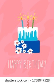 Blue happy birthday cake with white flowers and candles on pink background