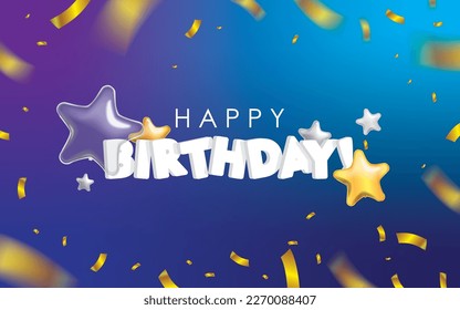 Blue Happy Birday with Golden Confietti and Star Shape Balloons Vector Illustration