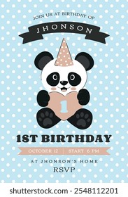 Tarjeta de invitación de Panda de feliz cumpleaños azul Ilustración vectorial linda Póster de felicitación para niños. Plantilla de fiesta de cumpleaños para historias, redes sociales, celebración, niños. СConcepto con Panda, Heart y Cap.