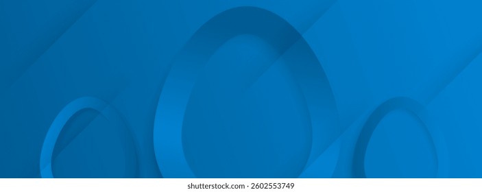 Blue Happy Easter card with easter eggs garland and rabbit. Simple vector decoration with handwrite, spring flowers and shadow