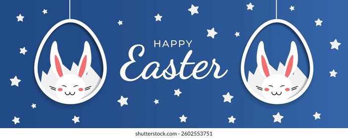 Blue Happy Easter card with easter eggs garland and rabbit. Simple vector decoration with handwrite, spring flowers and star