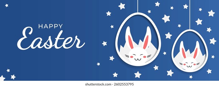 Blue Happy Easter card with easter eggs garland and rabbit. Simple vector decoration with handwrite, spring flowers and star