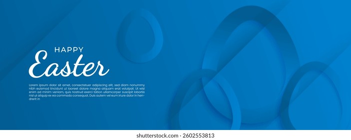Blue Happy Easter card with easter eggs garland and rabbit. Simple vector decoration with handwrite, spring flowers and shadow