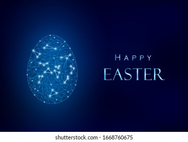 Blue Happy Easter design. Egg from polygonal mesh with light points. Next to it shiny metallic effect greeting text.