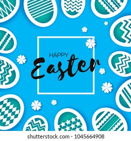 Blue Happy Easter Greetings card. Colorful Eggs in paper cut style. Spring holidays on blue. Space for text. Origami flower. Nature.