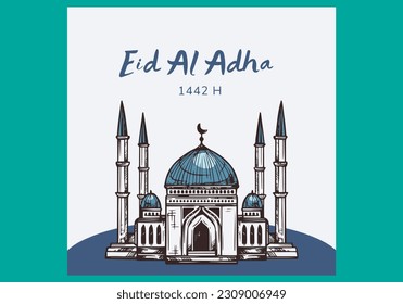 Blue happy eid al adha mosque instagram  social media post design	
