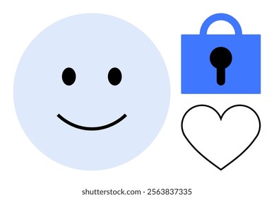 Blue happy face beside a blue lock and black heart outline. Ideal for themes related to happiness, security, love, privacy, and safety. Simplistic minimal style