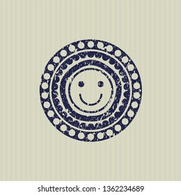 Blue happy face icon inside grunge stamp