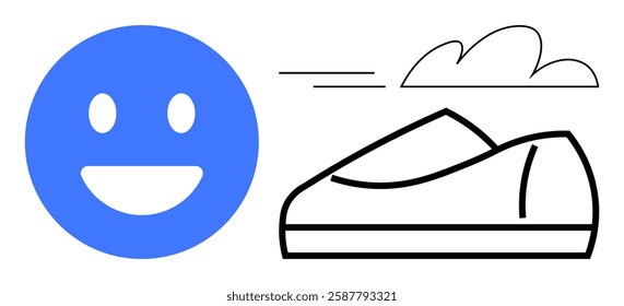 Blue happy face next to a black outlined running shoe with motion lines and cloud on white. Ideal for fitness, sports, happiness, motivation, active lifestyle, sportswear marketing, and health. Line